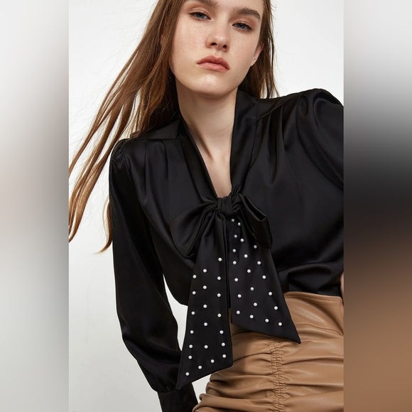 J.ING  Isela Satin Black Bow Tie Shirt - Picture 6 of 6